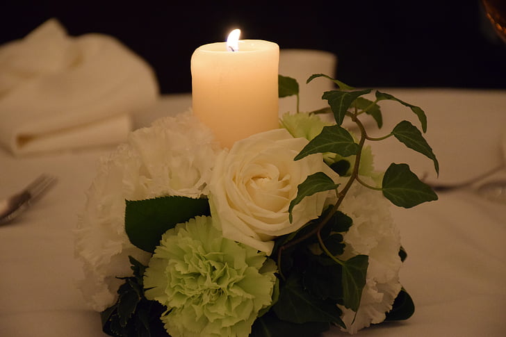 svíčka, oheň, plamen, tmavý, květiny, růže, svatební hostinu