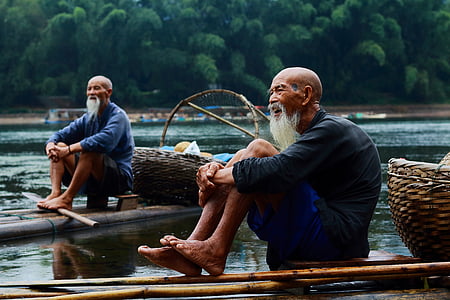 adult, Asian, bald, baskets, boats, elderly man, lifestyle