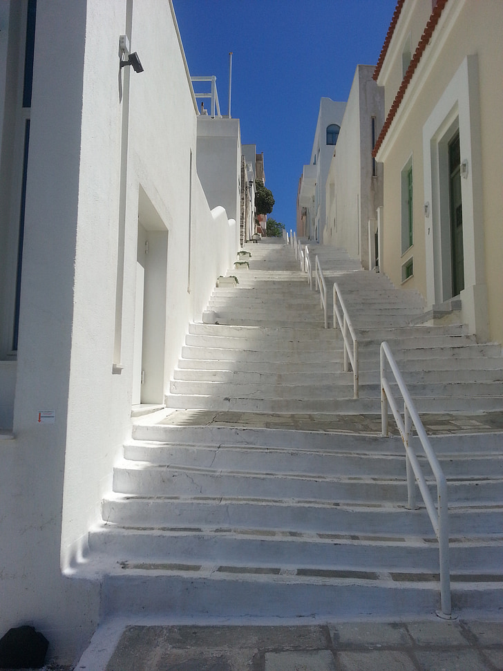 Yunani, tangga, rumah-rumah putih, naik, Pulau, desa, biru