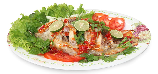 thaifood, Garuose virta žuvis su citrina, citrina, maisto, miltai, Gurmanams, vakarienė