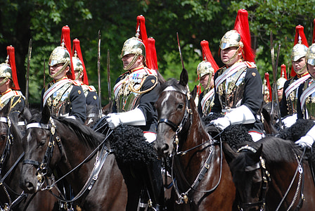 Trooping, män, hästar, ceremoniella, vakter, tradition