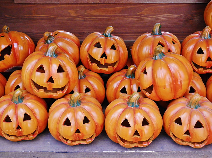 cabezas de calabaza, Halloween, otoño dorado, gracioso, decoración