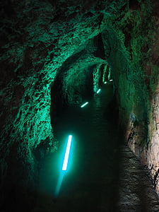 tunnel, passage, rock tunnel, sa calobra, walk, lighting, illuminated