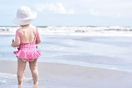Plaża, piasek, Dziewczyna, maluch, Latem, morze, wakacje