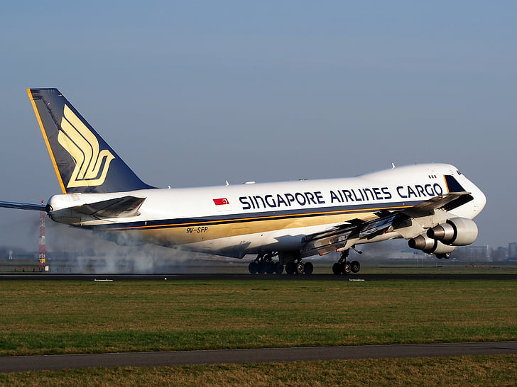 Boeing 747-es, Jumbo jet, Singapore airlines, rakomány, repülőgép, repülőgép, leszállás