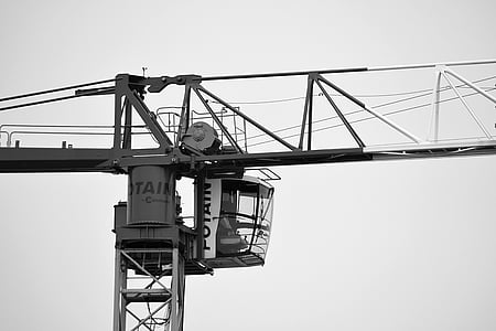 Crane, bekerja, situs, gigi, mengangkat, bangunan, hitam dan putih