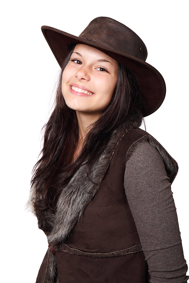 beautiful, brown, brunette, clothes, cowboy hat, cute, fashion