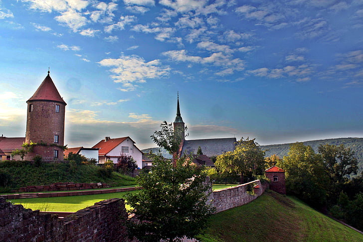 Πεζοπορία, Odenwald, φρούριο, Neckar, μεσαιωνική, Έσση, τείχος της πόλης