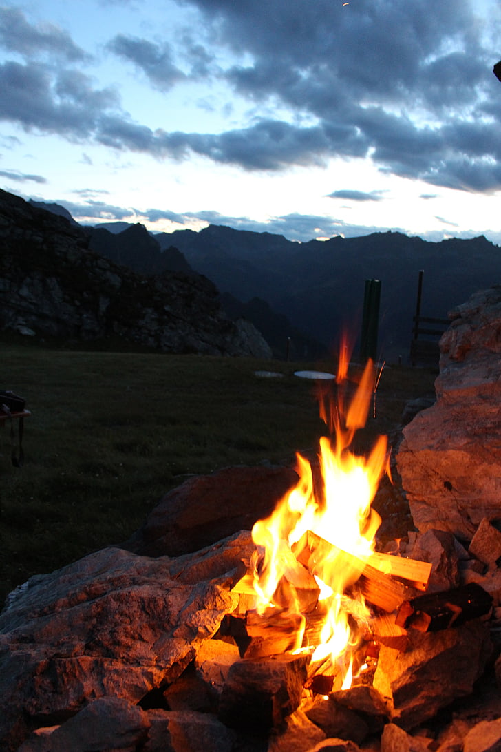 feu de camp, feu, montagnes, Autriche