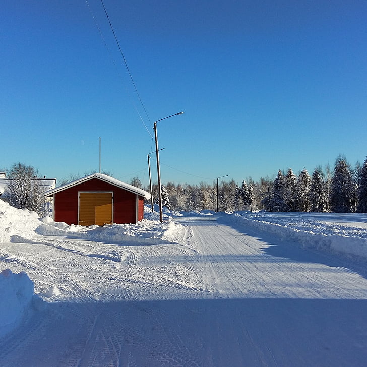 winter, road, sky, cold, barn, day, sunshine