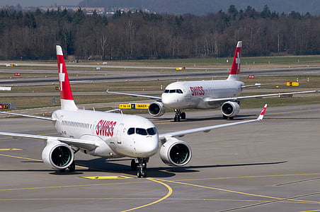 Швейцарский, самолеты, Bombardier cs100, Аэропорт Цюрих, Аэропорт, Швейцария, асфальт