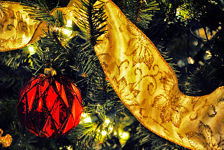 božič, drevo, dekoracija, okrasek, rdeča, trak, božično drevo