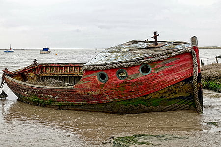 beached, boat, fishing, wreck, red, abandoned, fishing boat