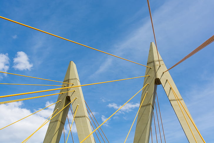 bridge, pylons, millenium, kazan, yellow, blue, sky