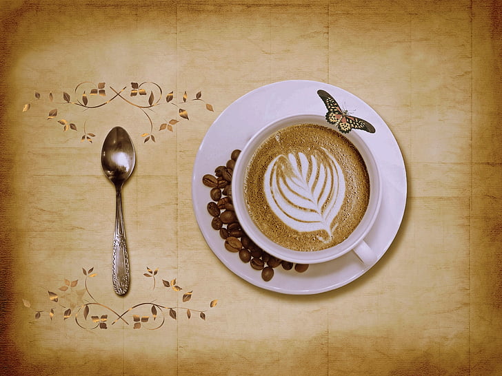 caffè, cappuccino, tazza di caffè, Café, Coppa, cucchiaio, chicchi di caffè