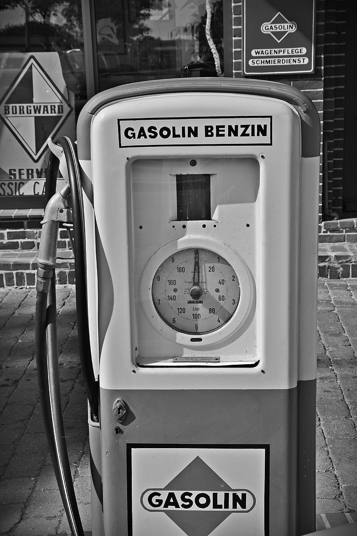 gāzes sūknis, degvielas uzpildes stacijās, Oldtimer, Benzīns, gāze, uzpildītu degvielu, vēsturiski
