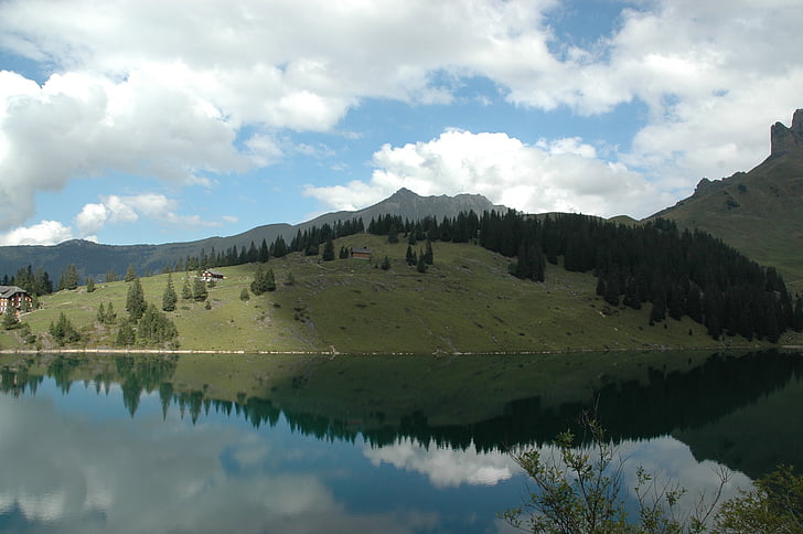 bergsee, alpine lake, mirroring, reflection, clouds, sky, bann alpsee