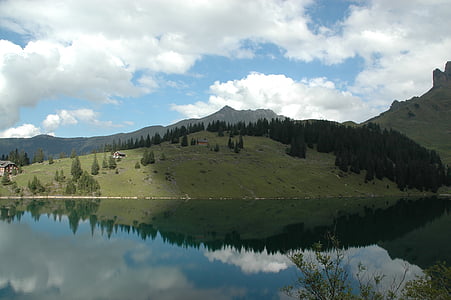 bergsee, Alpska jezera, zrcaljenje, odsev, oblaki, nebo, bann alpsee