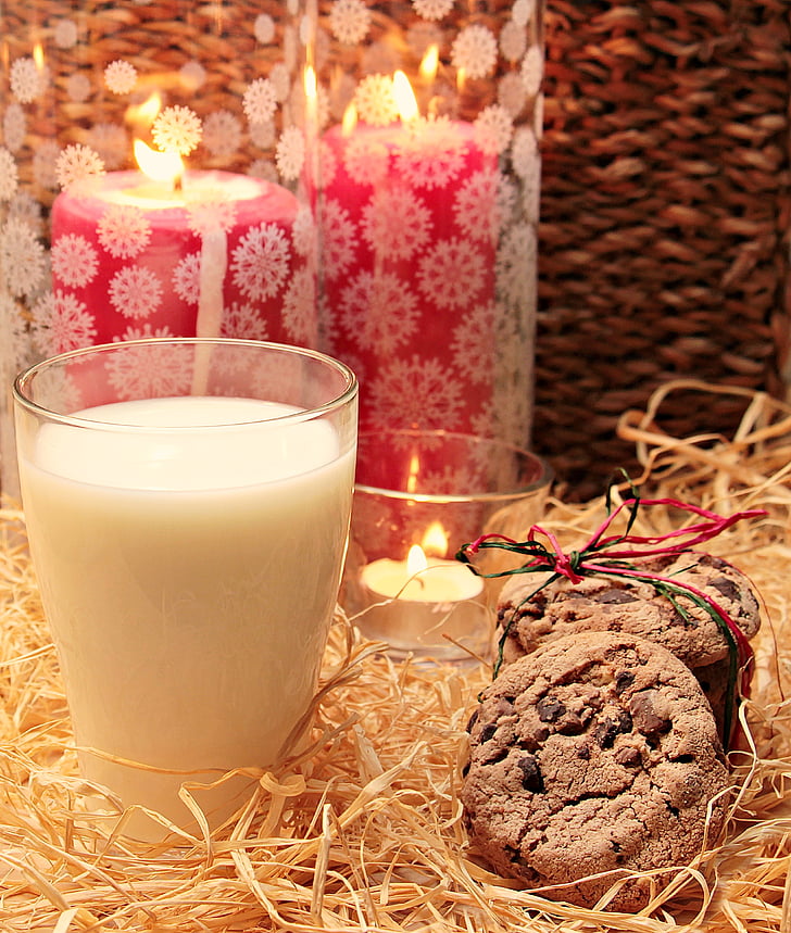 candela, a lume di candela, Natale, cookie, bere, vetro bevente, cibo