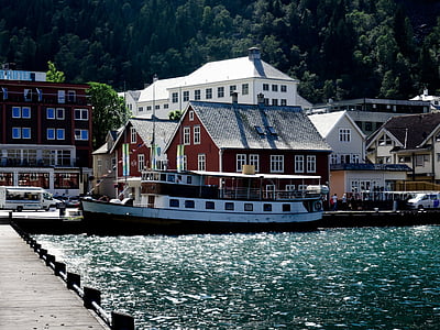 Port, Norvégia, csónak, hajó, víz, falu, fjord