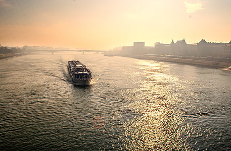 plage, bateau, pont, ville, paysage urbain, Danube, aube