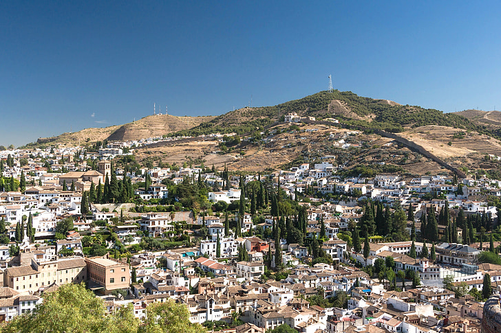 Granada, Spanyolország, város, városok, táj, hegyek, épületek