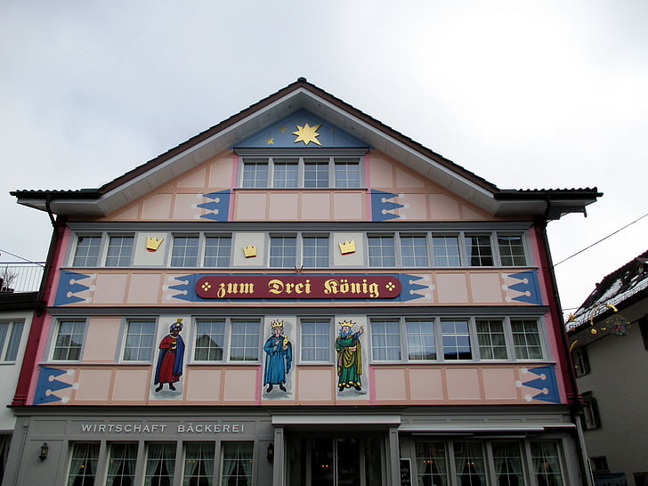 bâtiment, roi de maison trois commentaires, Boulangerie, Appenzeller maison, peinture murale, Appenzell, capital