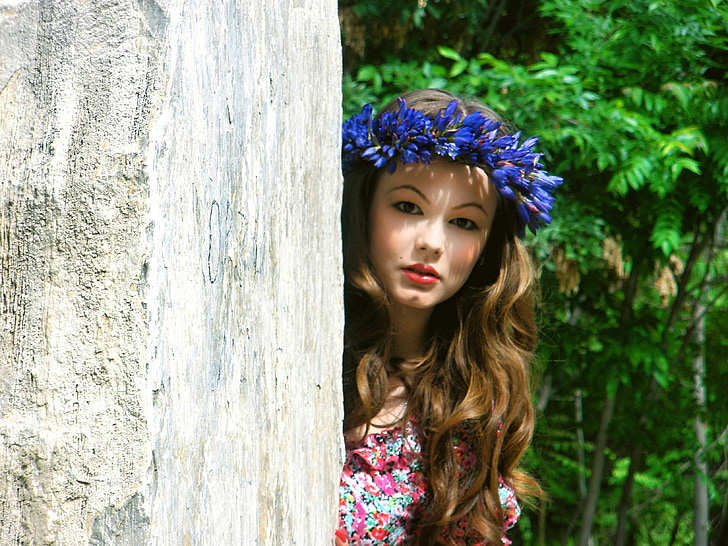 girl, nature, wreath, summer, outdoors, flowers, hair