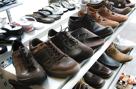 kengät, hylly, näyttö, esittely, rimen, kengännauha, sandaalit