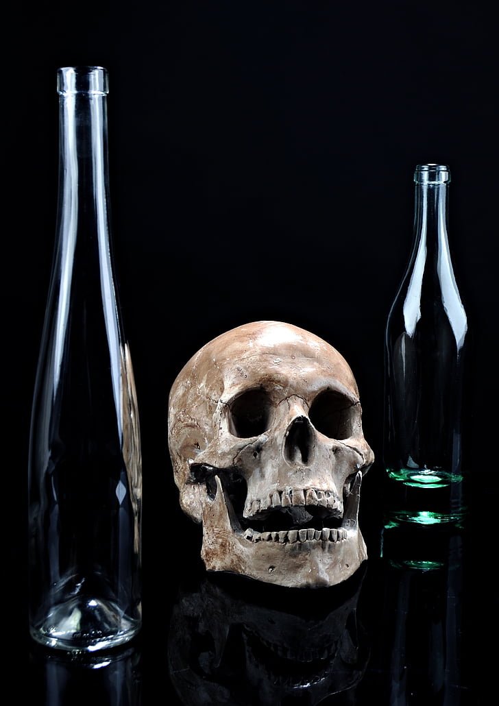 brun, två, glas, flaskor, bakgrund, Foto, skalle