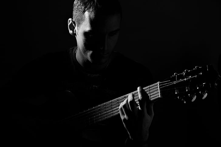 adult, band, black-and-white, concert, culture, dark, guitar