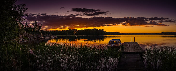 coucher de soleil, été, bateau, Suède, mer Baltique, réflexion, Lac