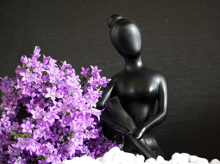 moteris, skulptūra, paveikslas, statula, graži moteris, gėlės, violetinė