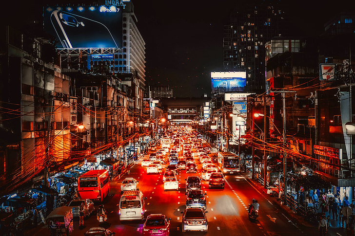 Банкок, Тайланд, град, градски, нощ, вечерта, автомобили