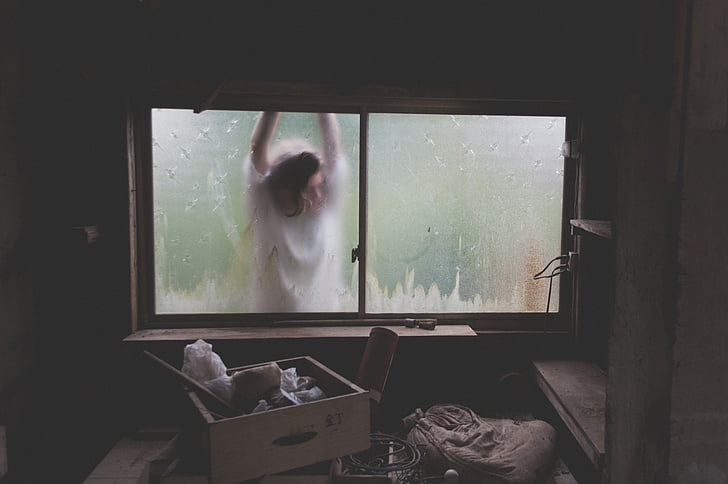 woman, white, long, sleeve, shirt, glass, window