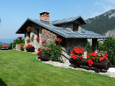 gray, stone, house, near, green, grass, building