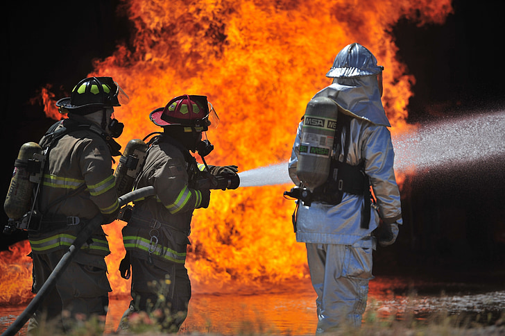 gasilci, ogenj, portret, usposabljanje, vroče, toplote, kisik tank