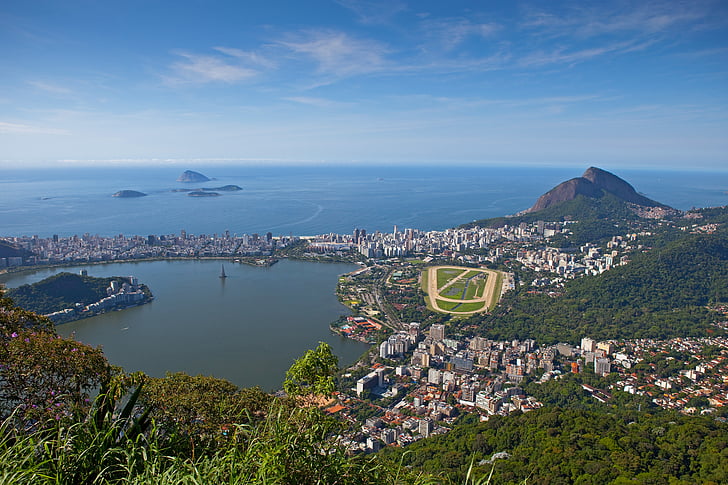 Рио де Жанейро, Въздушна снимка, Lagoa Родриго де freitas, Gávea, Ипанема, Слънчев ден, Бразилия
