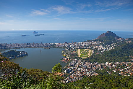 Rio de janeiro, vista aerea, Lagoa rodrigo de freitas, Gávea, Ipanema, giorno pieno di sole, Brasile