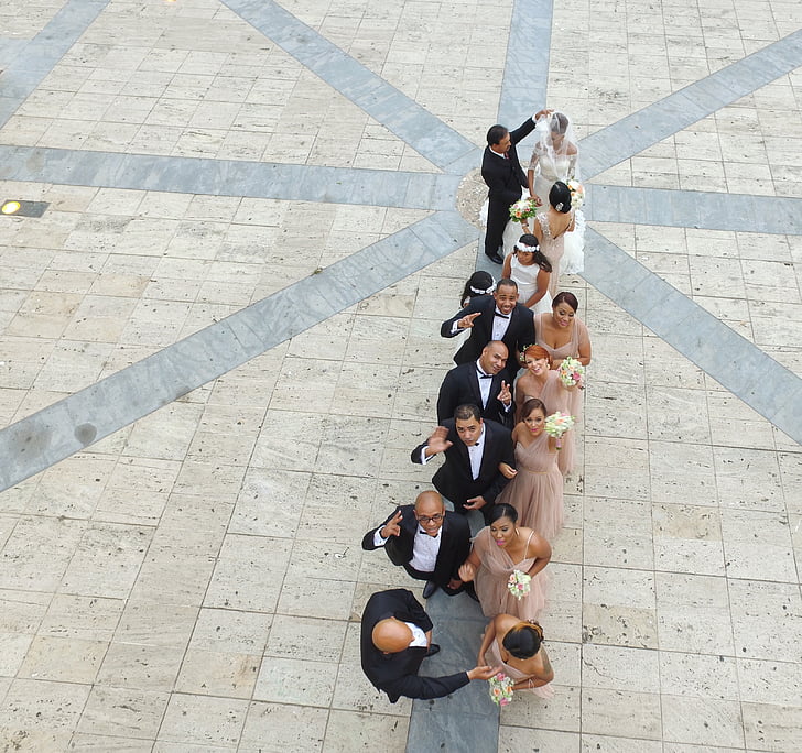 drone, wedding, wed, guests, bride