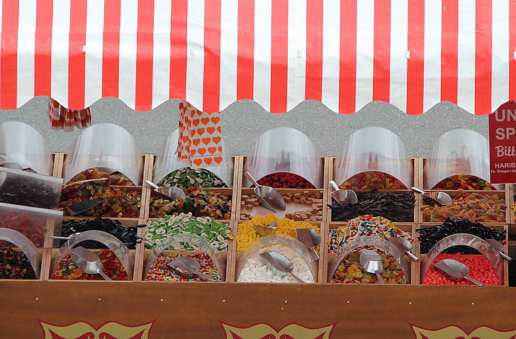 candy stand, leather, candy, haribo, selection