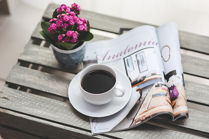 coffee, magazine, newspaper, read, reading, time, after work