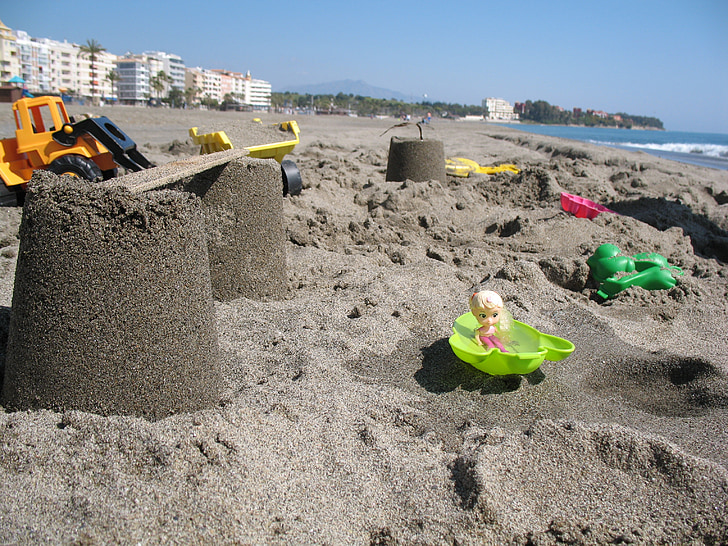 Beach, sand, legetøj, børn