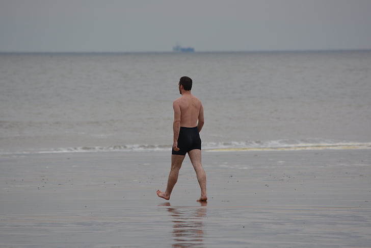 man, swimming trunks, sea, swimming, steps, people, determination