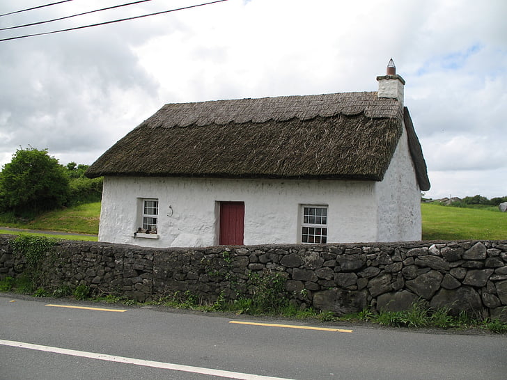 thatched, cottage, thatch, roof, thatched roof, stone, stone ditch
