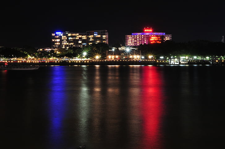 Brisbane, Australia, newsouthwales, krajobraz, wakacje, noc, odbicie