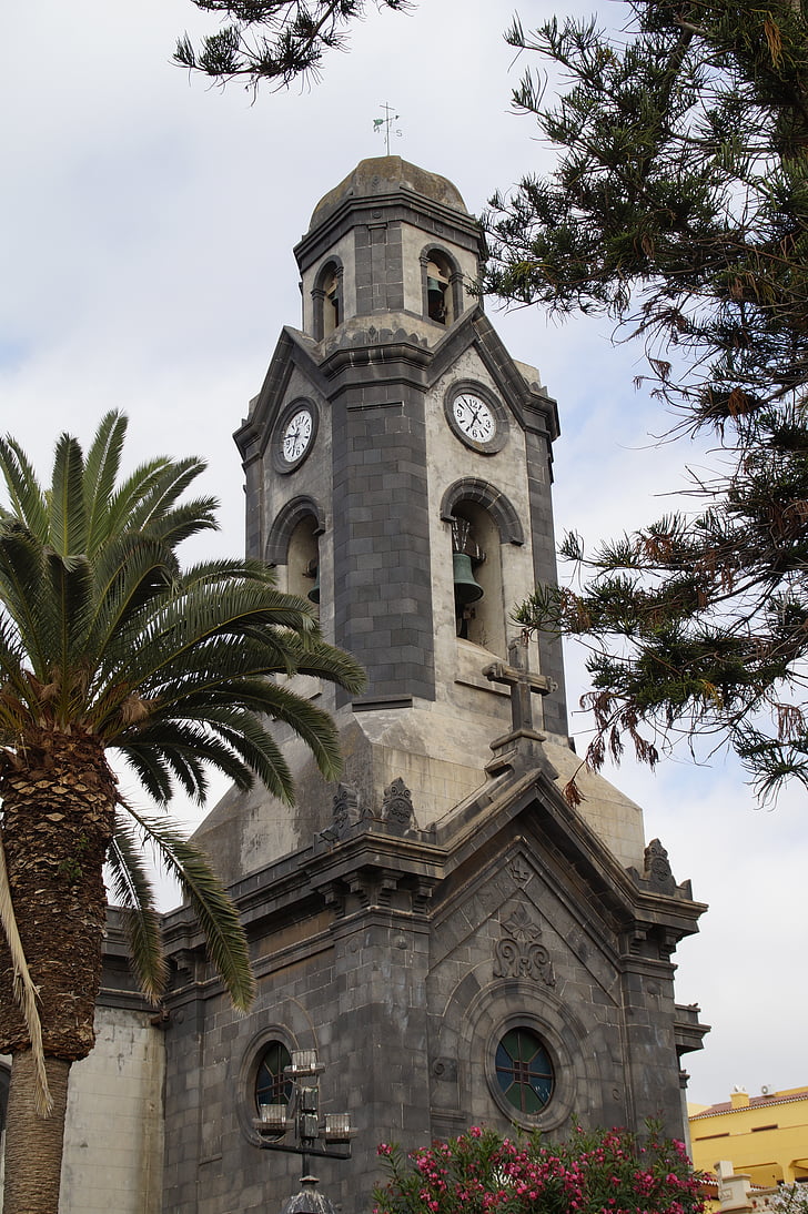 kostel, kostelní věž, hodinová věž, Architektura, obloha, věž, Puerto de la cruz