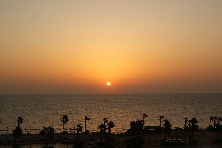Austrumi, saule, Hurghada, saulriets, jūra, pludmale, siluets