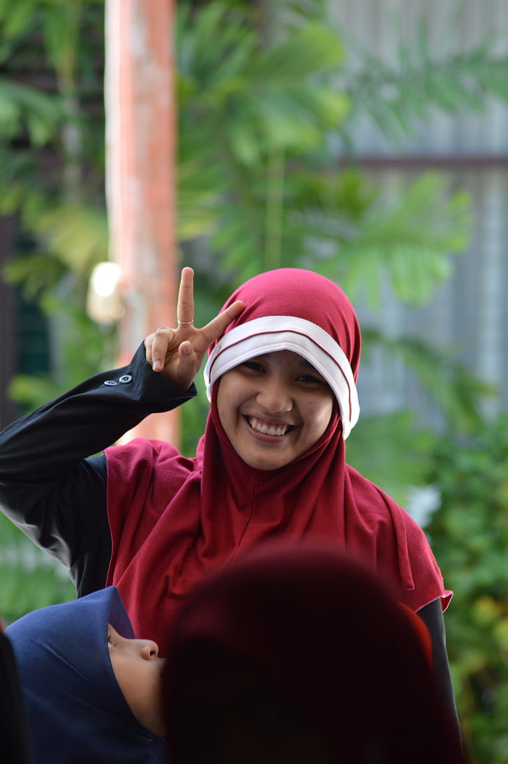 menina, mulher, Indonésio, a sorrir, vermelho, escola, jovem