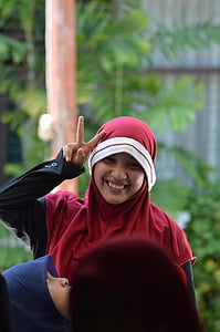 Tüdruk, naine, Indoneesia, naeratav, punane, kooli, noor